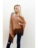 Camel color Knitted cape with Faux Leather Tassel