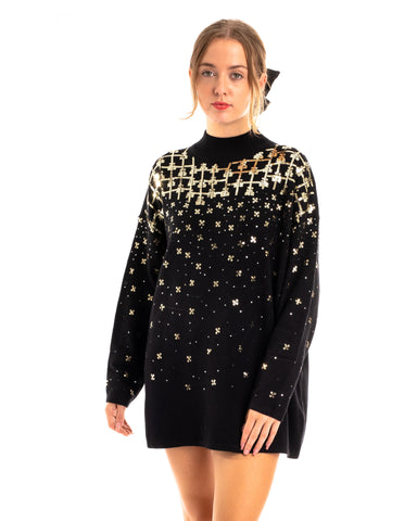 Sequin embellished front and sleeves design jumper in black