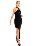 Soft Knitted Ribbed Midi Bodycon twist neck Dress In Black