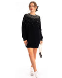 Multi faxu Pearl embellished design neckline long knit jumper in black