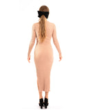 Soft Knitted Ribbed Midi Bodycon front twist design Dress In Beige