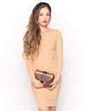 Classic Square check print soft knit off shoulder dress IN BEIGE