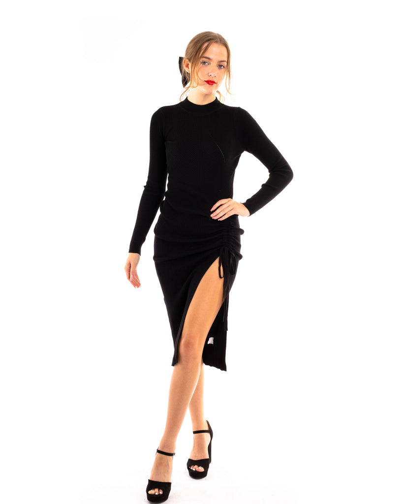 Black Ribbed Long Sleeve Midi Bodycon Dress | SilkFred US