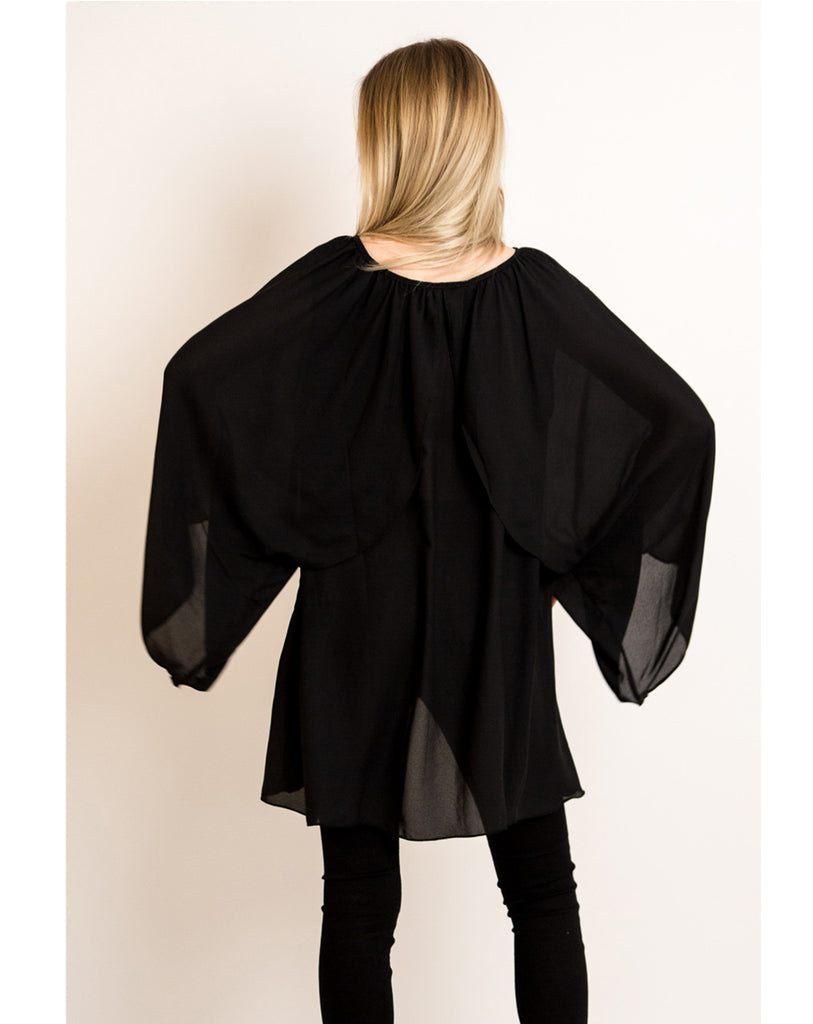 Chiffon Long Sleeves Cape/Top(BLACK)