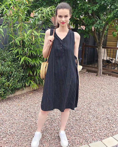 Stripe print cotton oversize dress in black