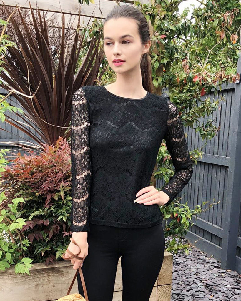 Long Sleeve Lace Top In Black, CY Boutique