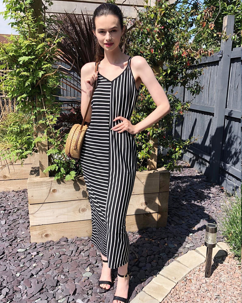 Double strip black white stripe Maxi dress