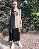 Chiffon Long Top Plain Cotton Maxi Dress(BLACK)