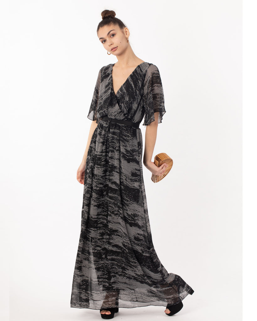 Black gery Print Chiffon Wrap Maxi Dress