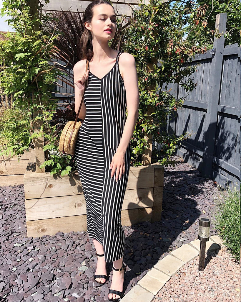 Double strip black white stripe Maxi dress