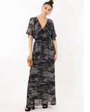 Black gery Print Chiffon Wrap Maxi Dress