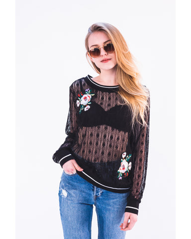 Rose Patch lace Sweatshirt (Black)
