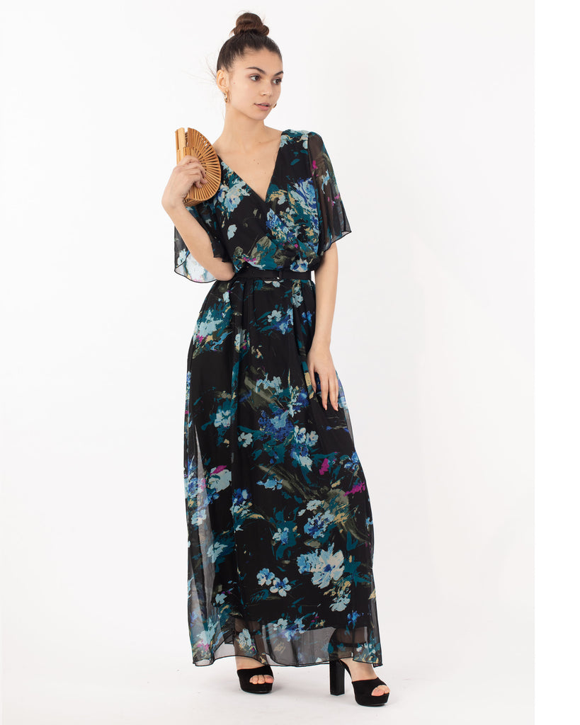 Black floral Print Chiffon Wrap Maxi Dress