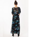 Black floral Print Chiffon Wrap Maxi Dress