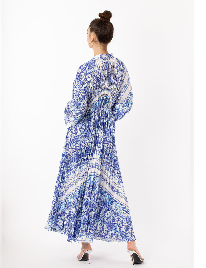Blue monochrome scarf print pleated long shirt dress