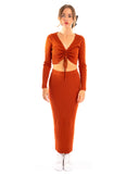 Gather lace up long sleeves top and maxi skirt co-ords suits in brown