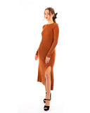 Soft Knitted Ribbed Midi Bodycon Dress tie up on back In Brown