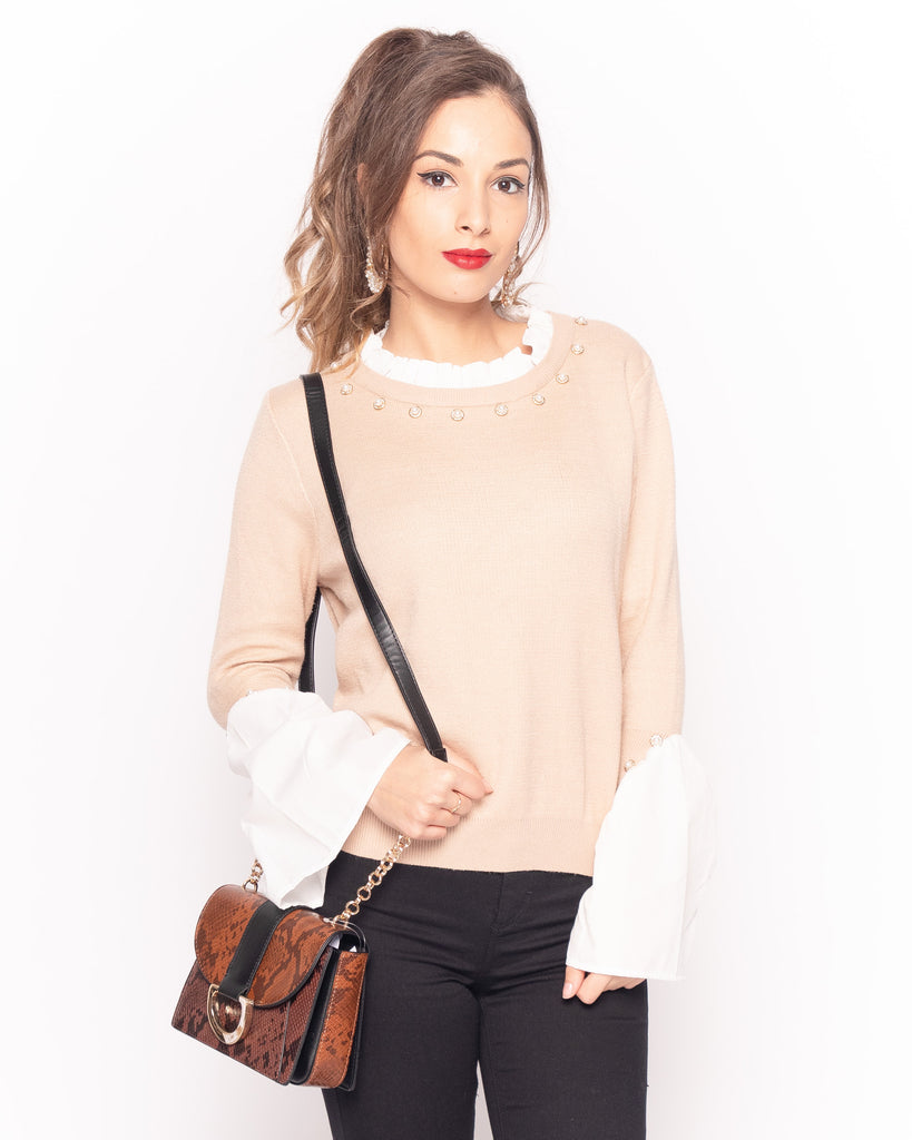 Ruffled Shirt sleeves with pearl embellished jumper in Beige pink
