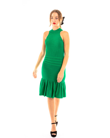 High Neck Pleated Metallic Bodycon  Dress Knee Length In Green