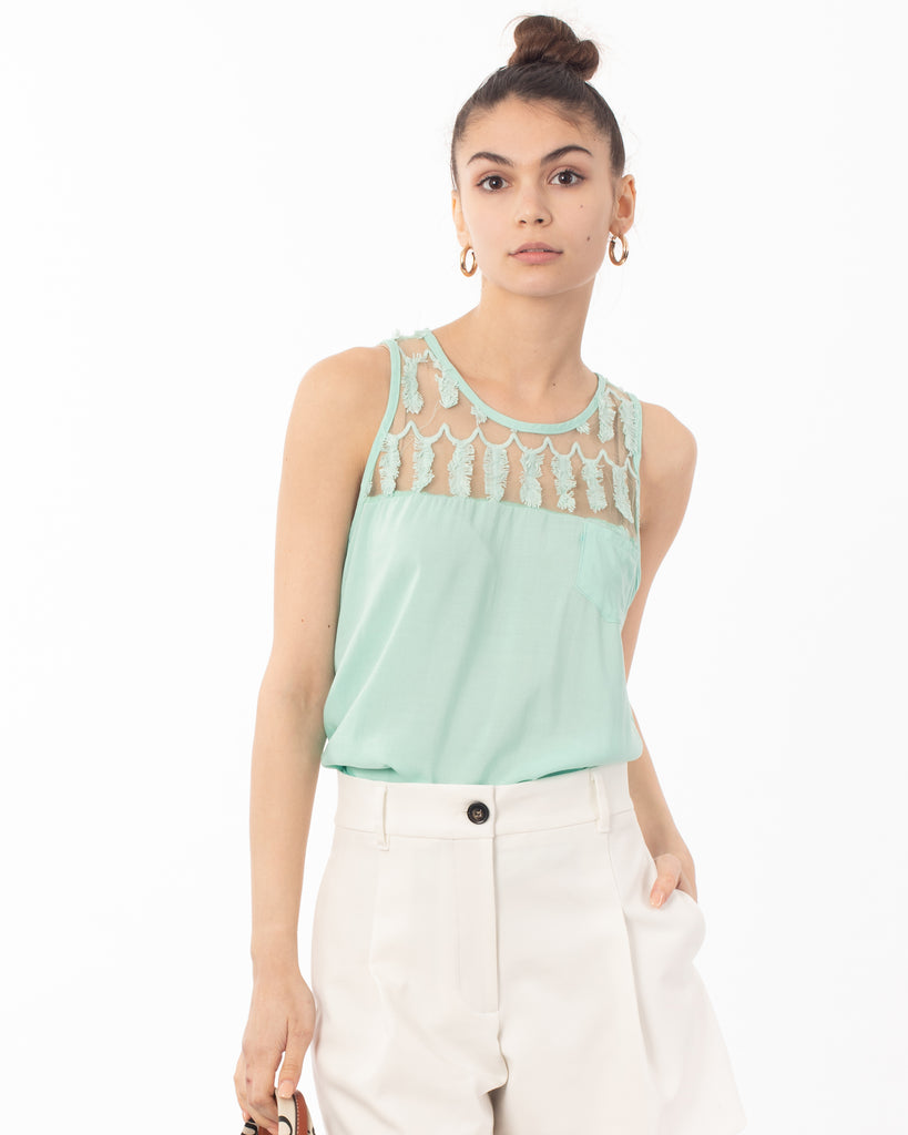 Feather Organza Cotton Vest Top ( GREEN)