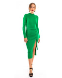 Soft Knitted Ribbed Midi Bodycon Side Split Tie up design Dress In Green