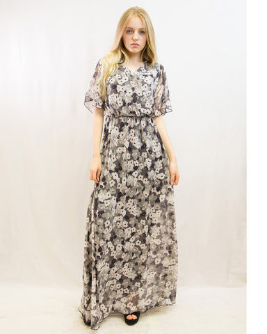 Grey floral Print Chiffon Wrap Maxi Dress