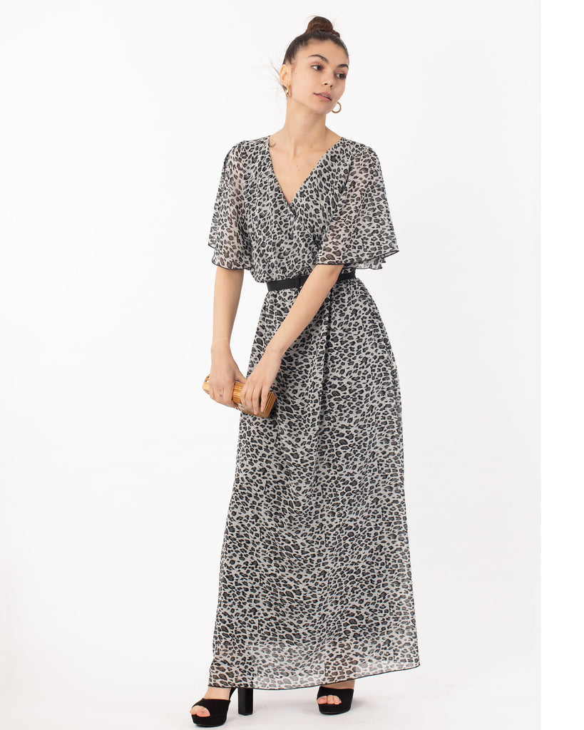 Lady Grey Leopard Print Chiffon Wrap Maxi Dress