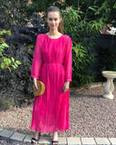 Long sleeves Pleated Maxi Dress (Hot Pink)