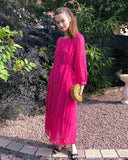 Long sleeves Pleated Maxi Dress (Hot Pink)