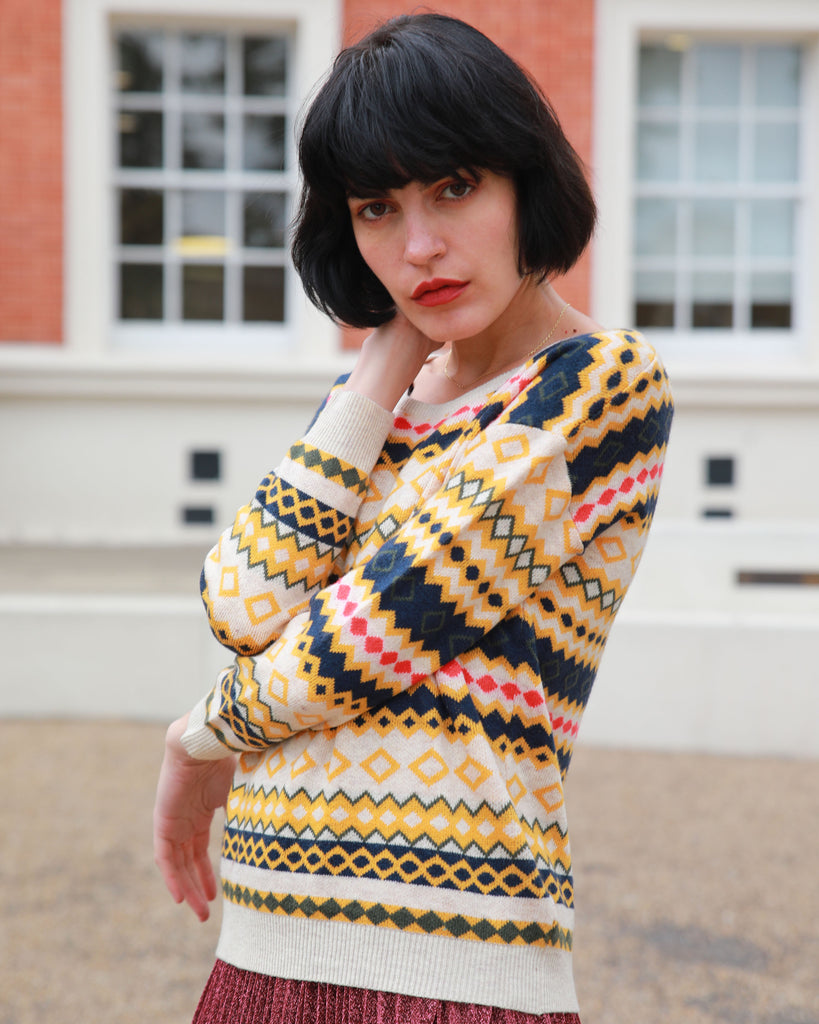 Striped Aztec Design Print yellow Knitted jumper
