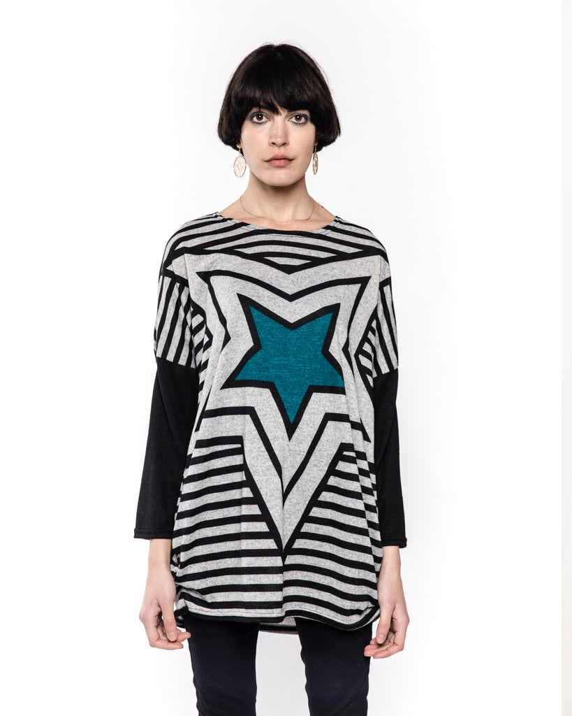 Star Striped Print Batwing Knitted Jumper Top (BLUE)