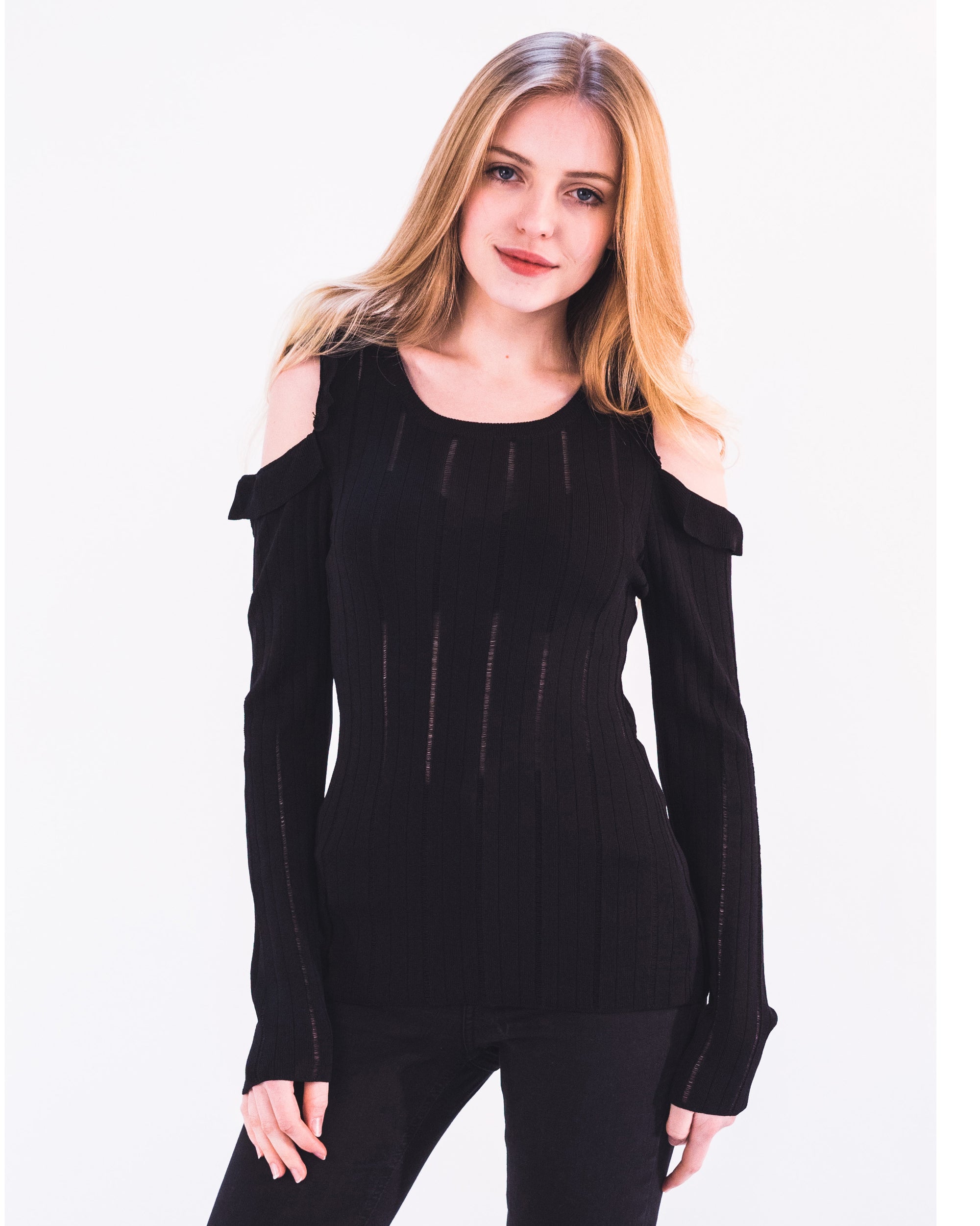 Frilled Cold Shoulder jumper top (Black)