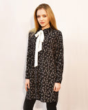 Allover leaves print chiffon shirt dress with scarf (BLACK)