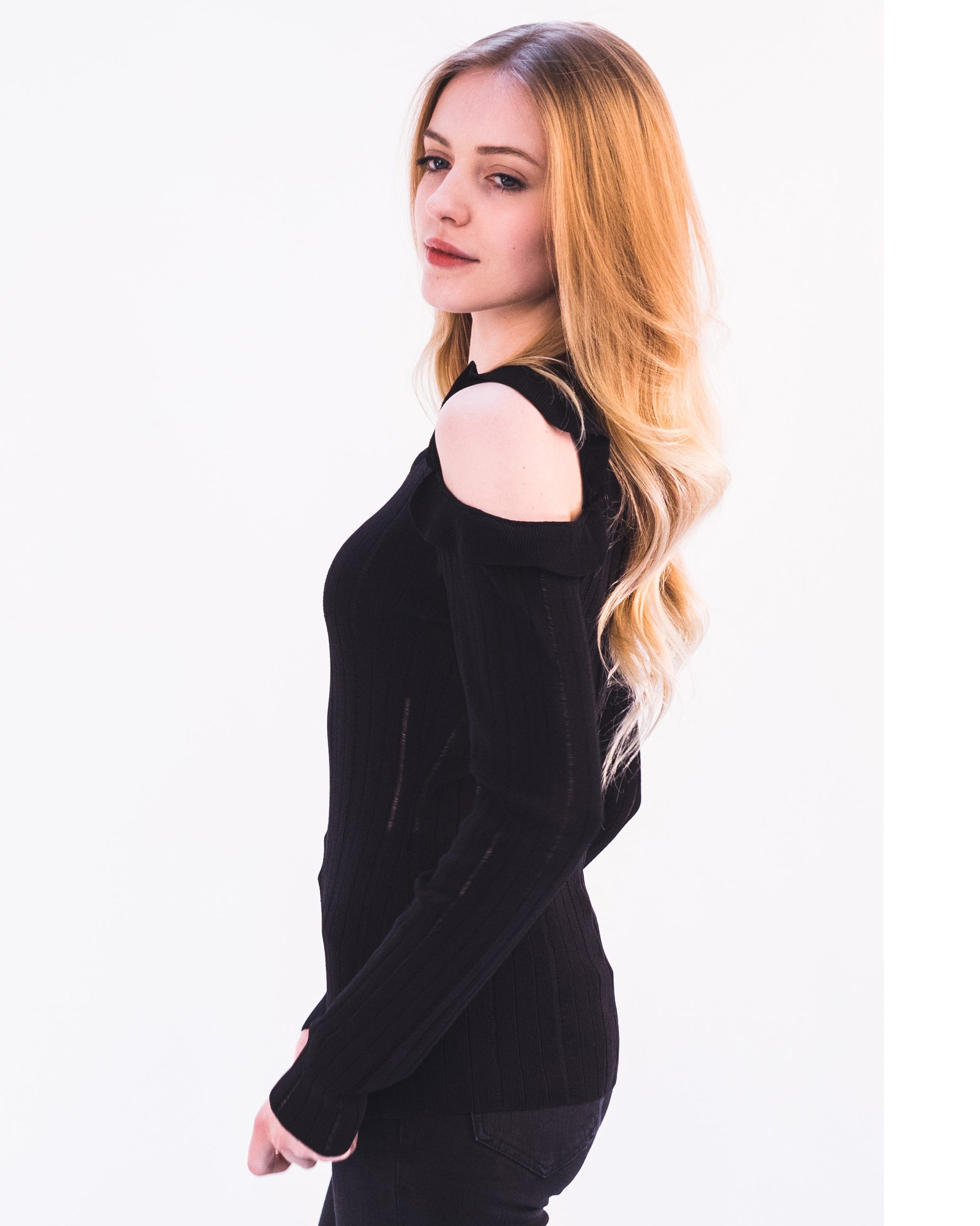 Frilled Cold Shoulder jumper top (Black)