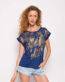 Gold Color Print T-shirt (NAVY)