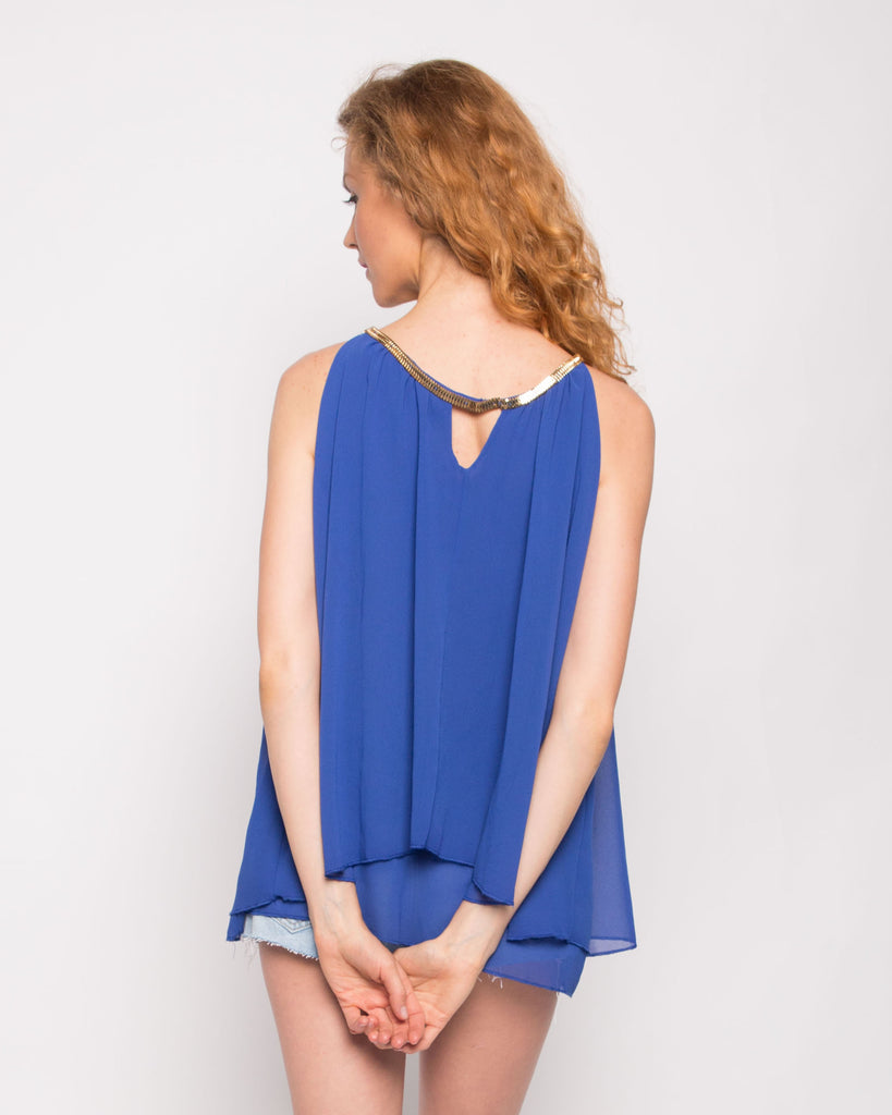 Gold Double Row Chain Necklace Chiffon Top (ROYAL BLUE)