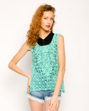 Floral Pattern Green Crochet Vest Top