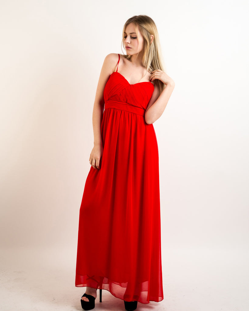Pleated Bust & Sweetheart Neckline Maxi Dress (RED)