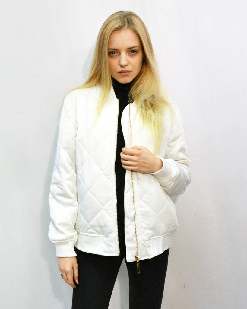 Qulited Satin White Puffer Bomber Jacket CY Boutique