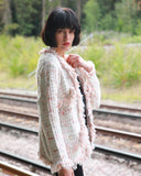 White pink Color Tweed Effect Knitted short Cardigan Jacket