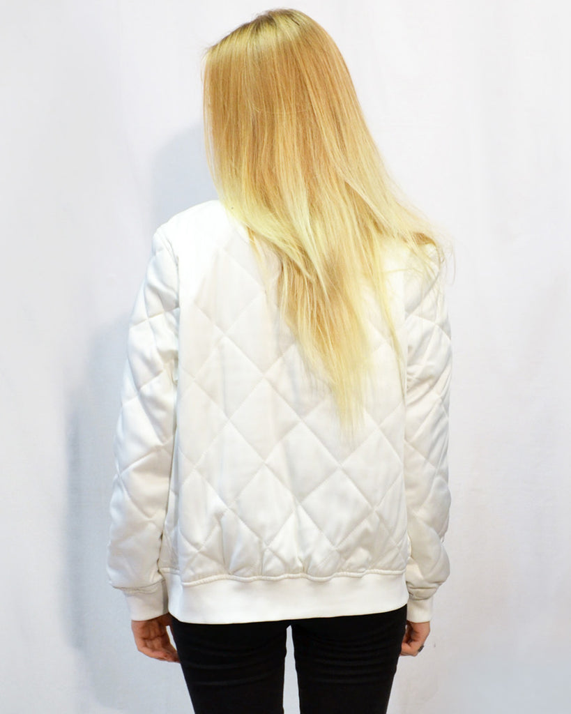 Qulited Satin White Puffer Bomber Jacket