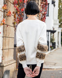Leopard look faux fur embellished sleeves jumper