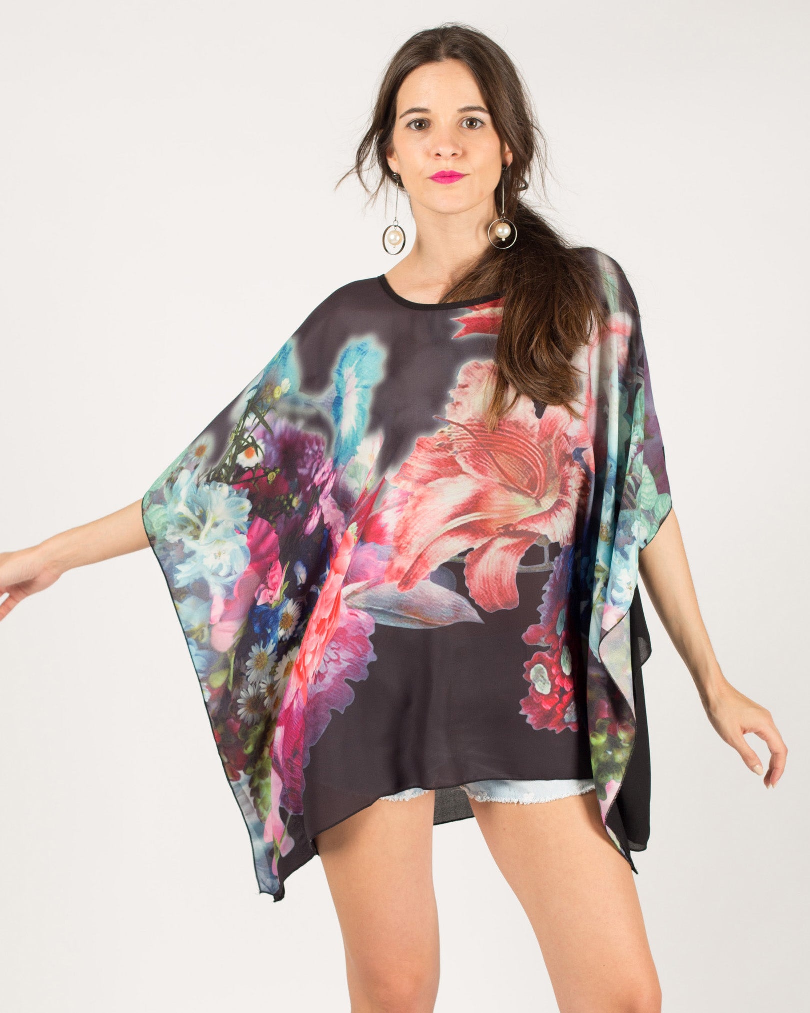 Multi floral print oversized kimono top (Black)