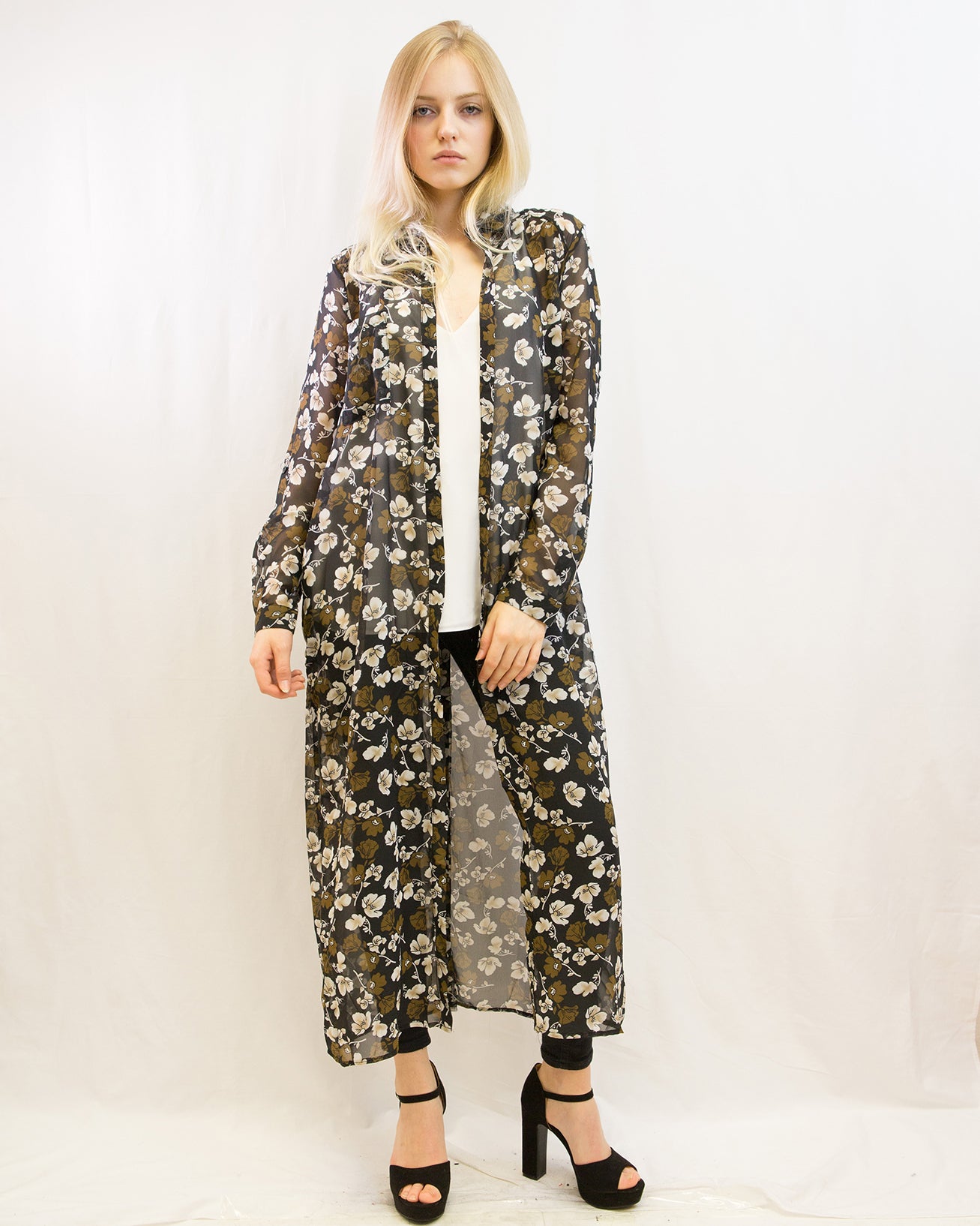 Multi Floral Printed Maxi Shirt Dress (BLACK)