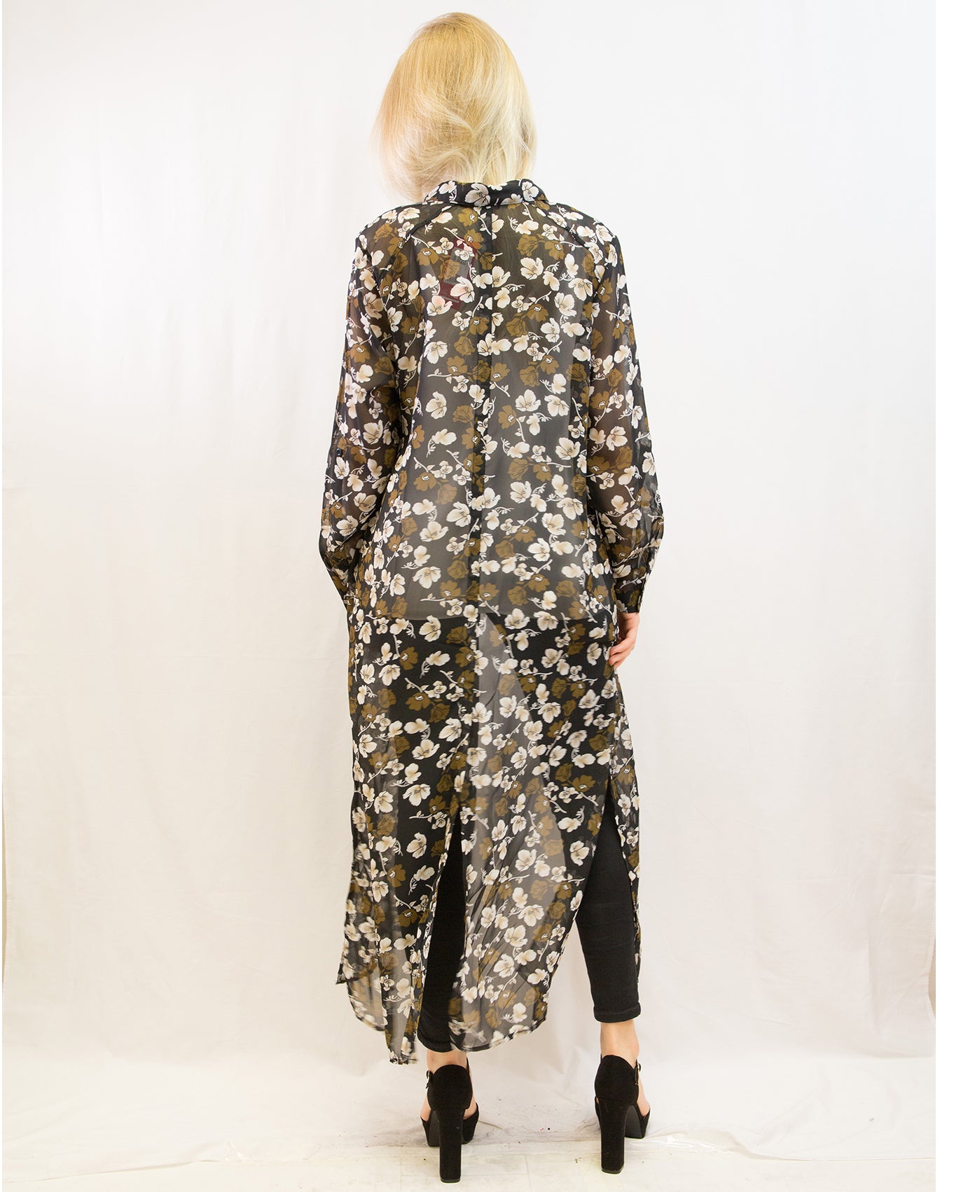 Multi Floral Printed Maxi Shirt Dress (BLACK)