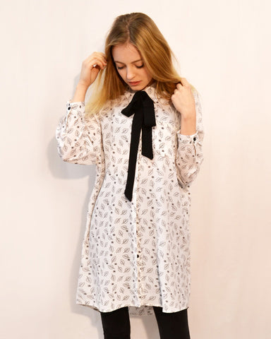 Allover leaves printed chiffon shirt dress with scarf (WHITE)