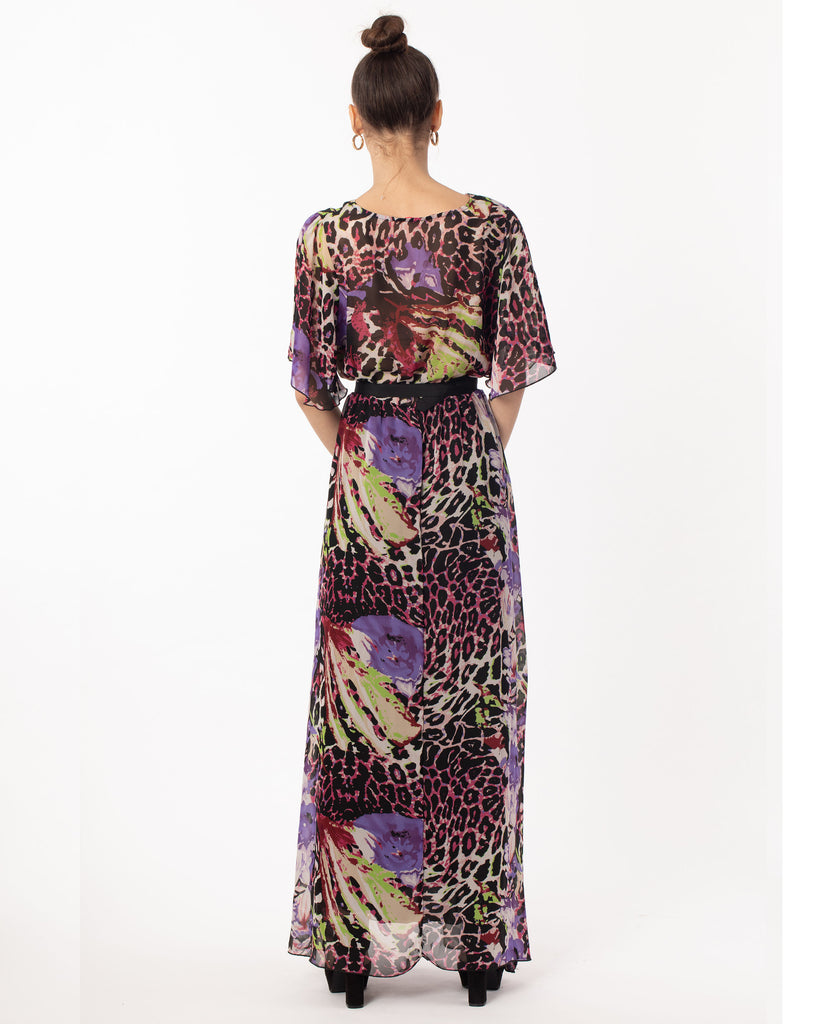 Lady Purple Leopard Print Chiffon Wrap Maxi Dress