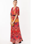 Lady Red Paisley Print Chiffon Wrap Maxi Dress