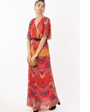 Lady Red Paisley Print Chiffon Wrap Maxi Dress