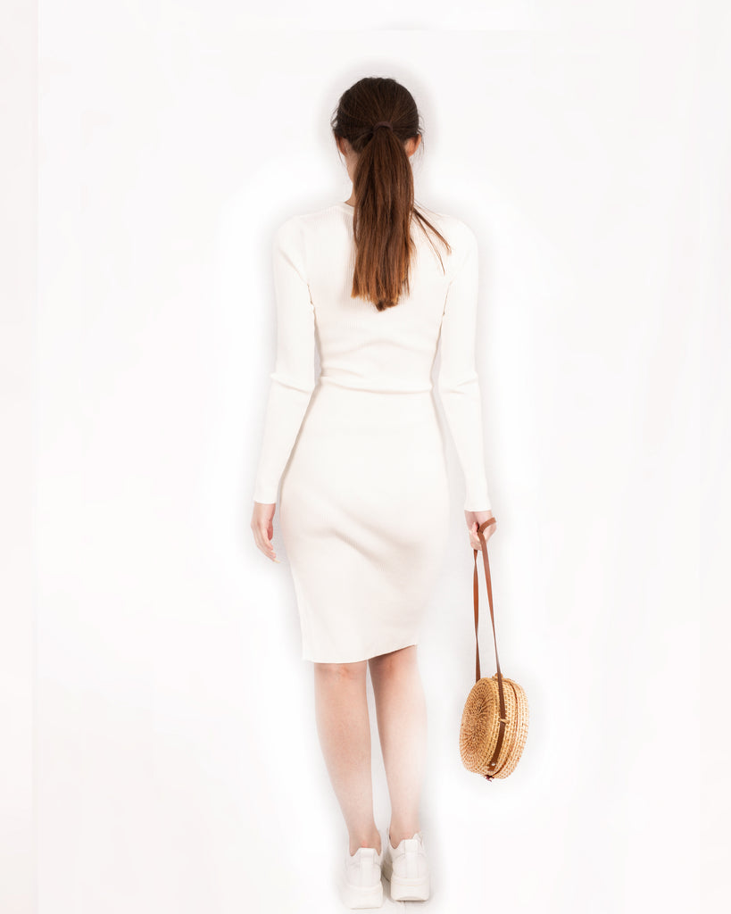 Fine knit bodycon dress with knot tie design in White